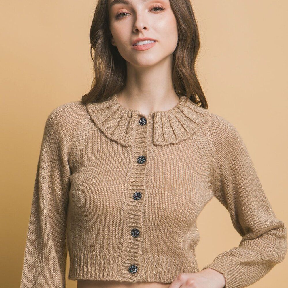 Khaki Short Collard Sweater‎